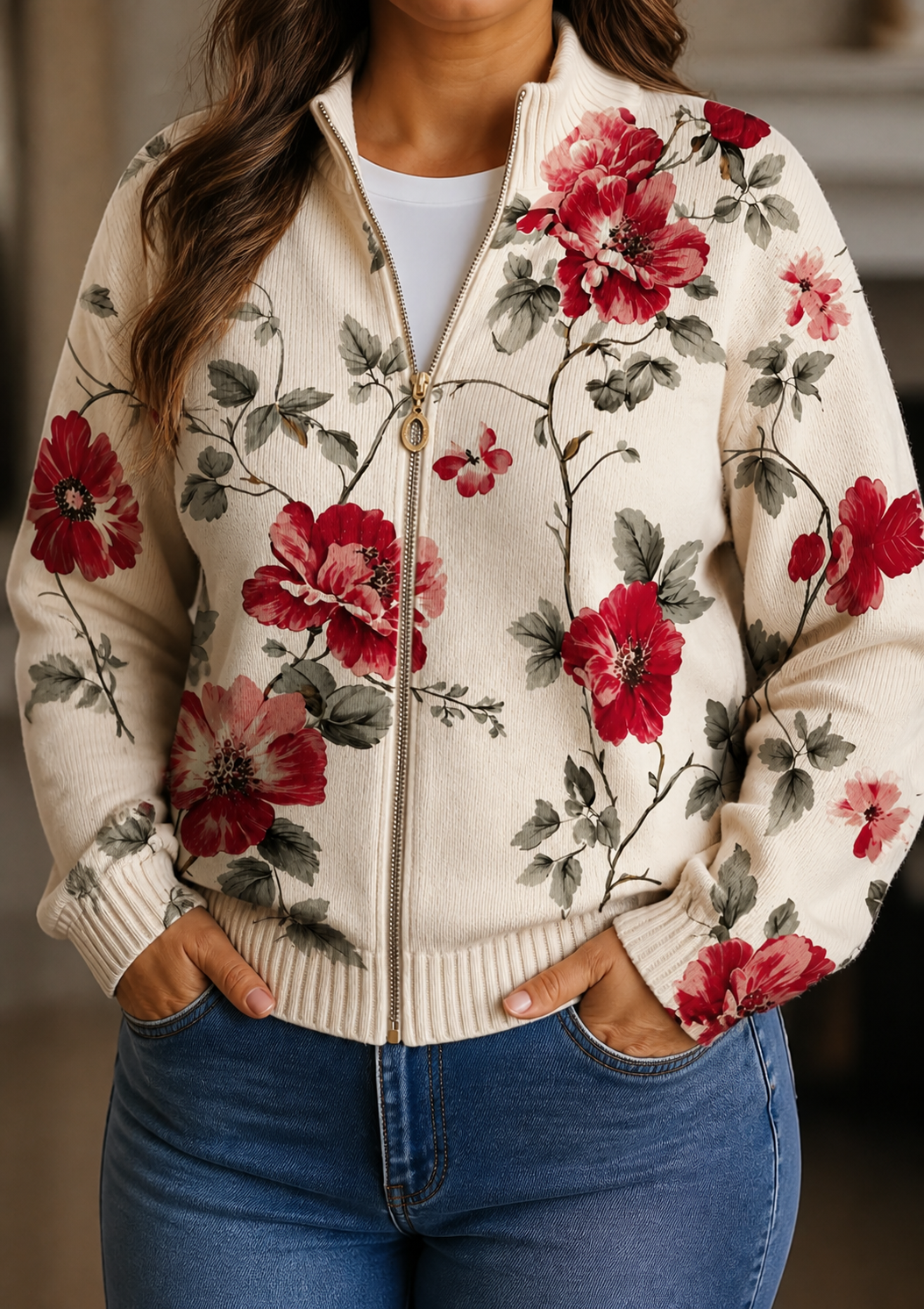 Marilyn | Vintage Rose Print Zip Cardigan