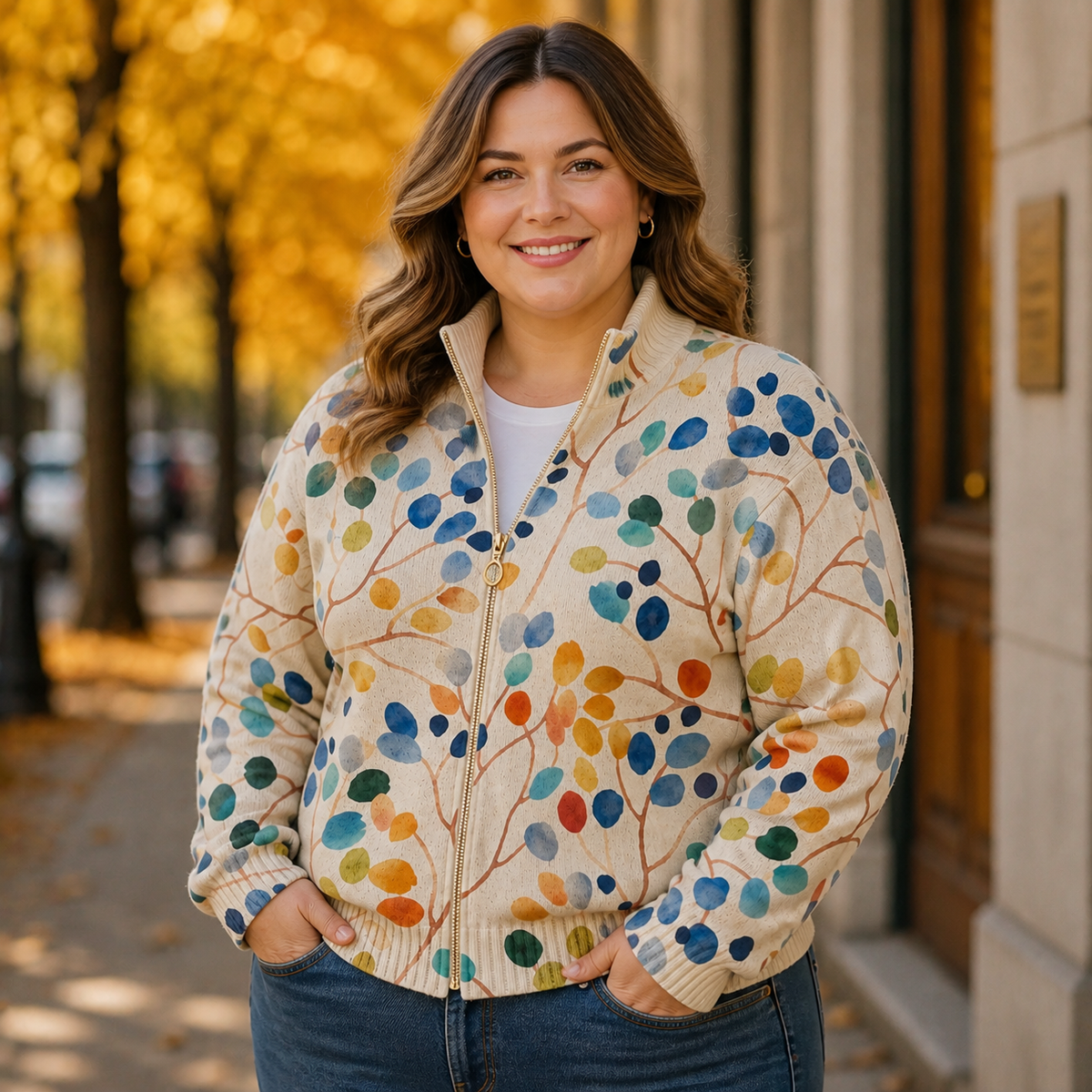 Patricia | Botanical Leaf Print Zip Cardigan