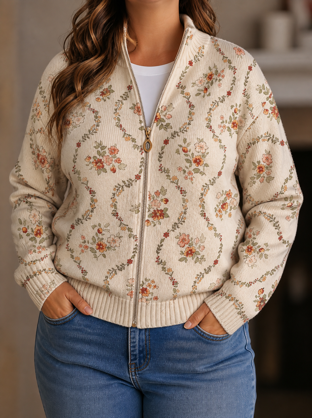 Janet | Romantic Floral Zip Cardigan