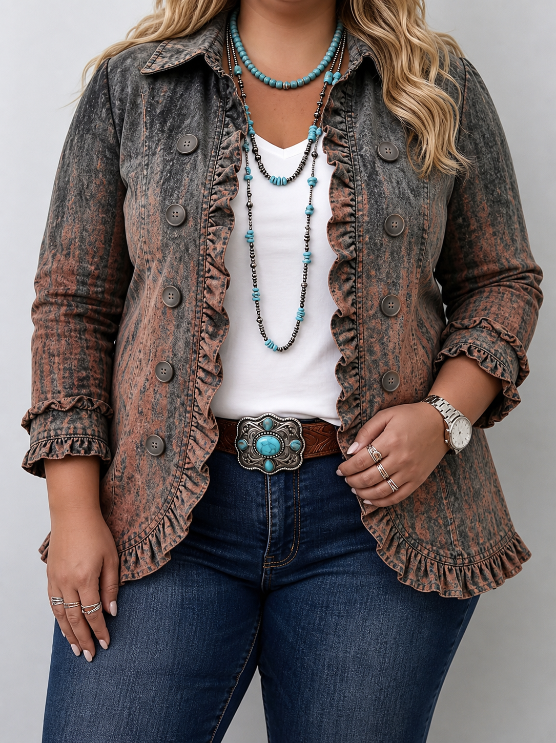 Bristow | Vintage Gradient Textured Print Ruffle Jacket